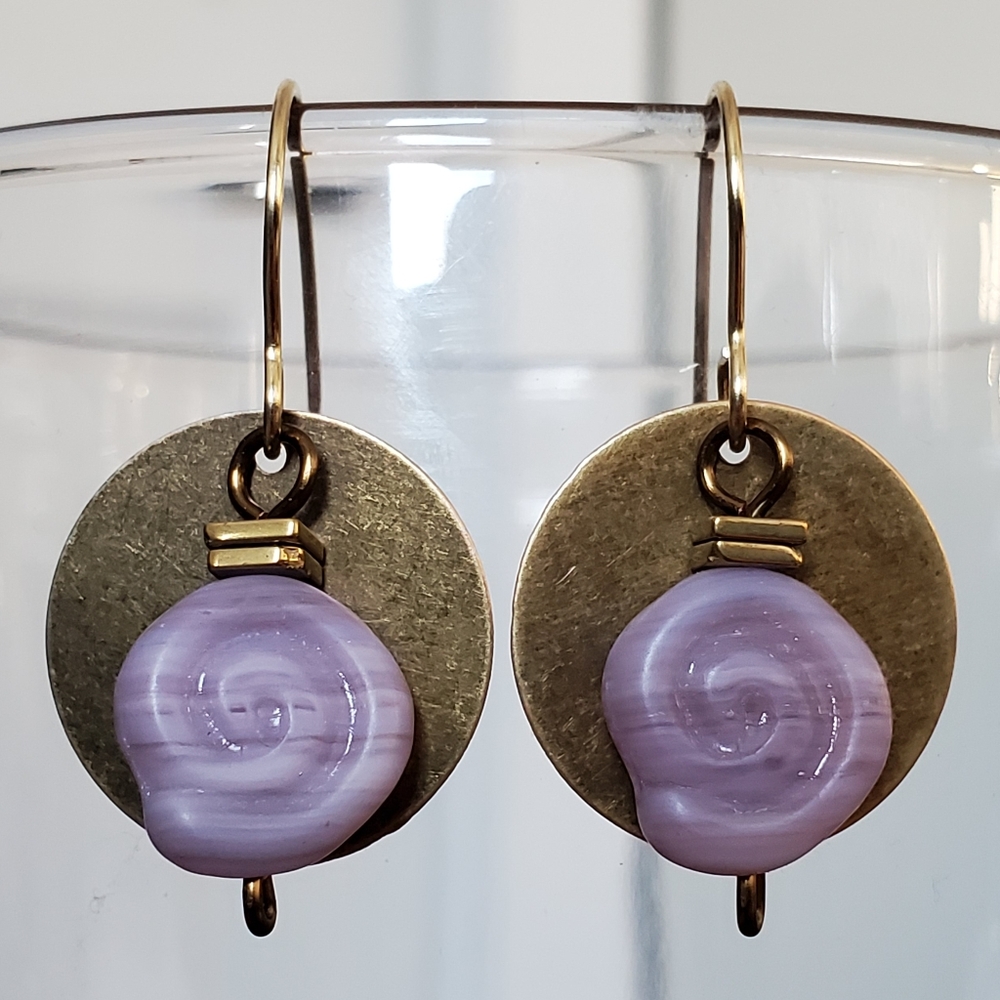 Boho Purple Glass Swirl Brass Circle Disk Earrings